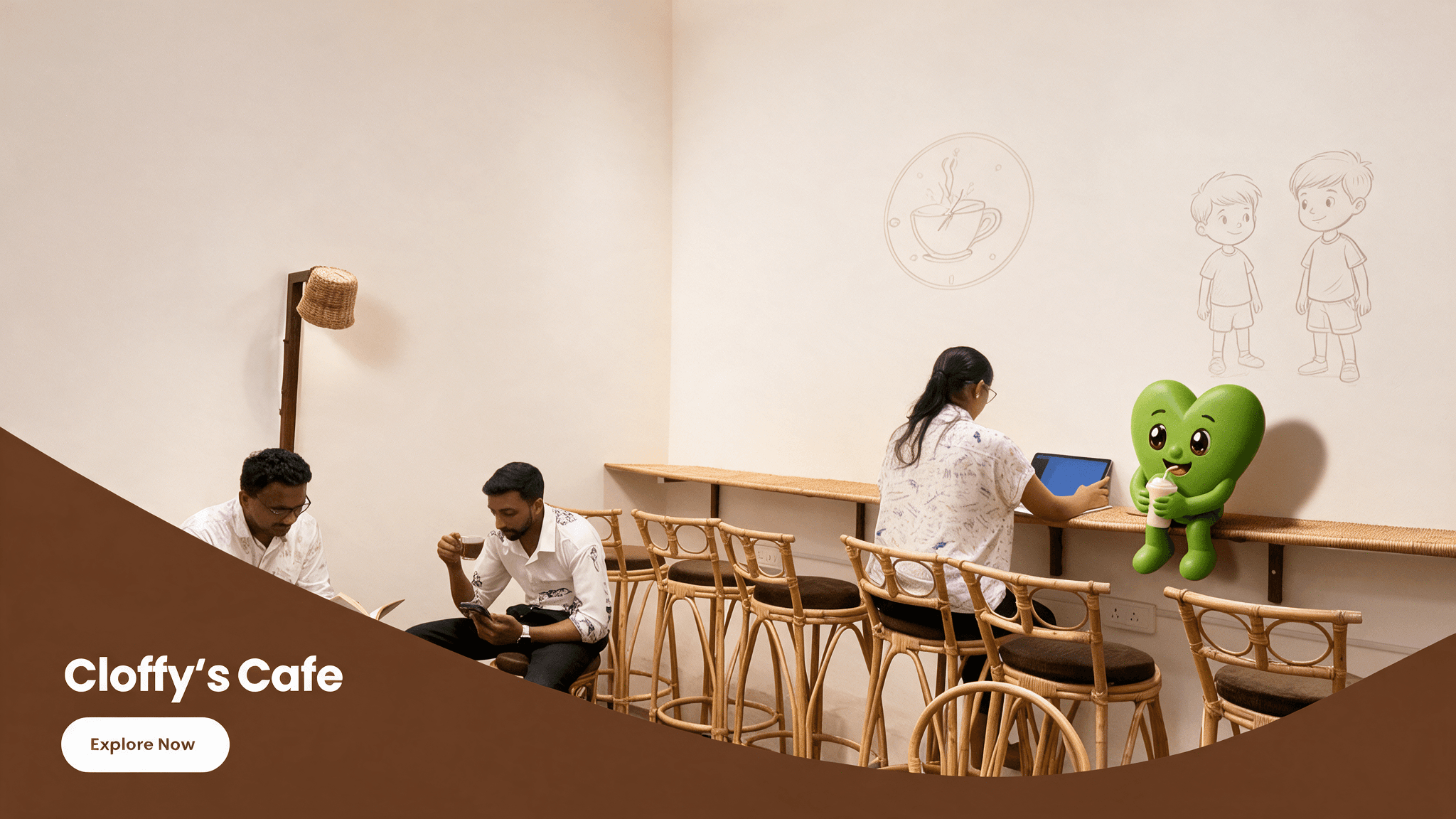 A guest at the Cloffy café counter sharing a cold coffee with Herte